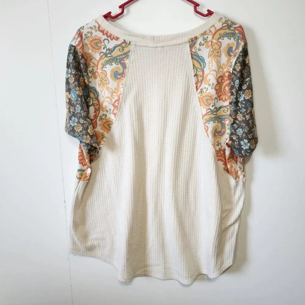 Cato Womens XL Floral Patchwork Waffle Knit Top Raglan Short Sleeve Boho - Picture 3 of 8